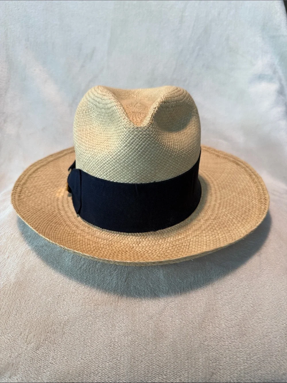Tory Burch Women’s Straw Panama Fedora Hat,Navy Blue Grosgrain Ribbon,Gold Logo